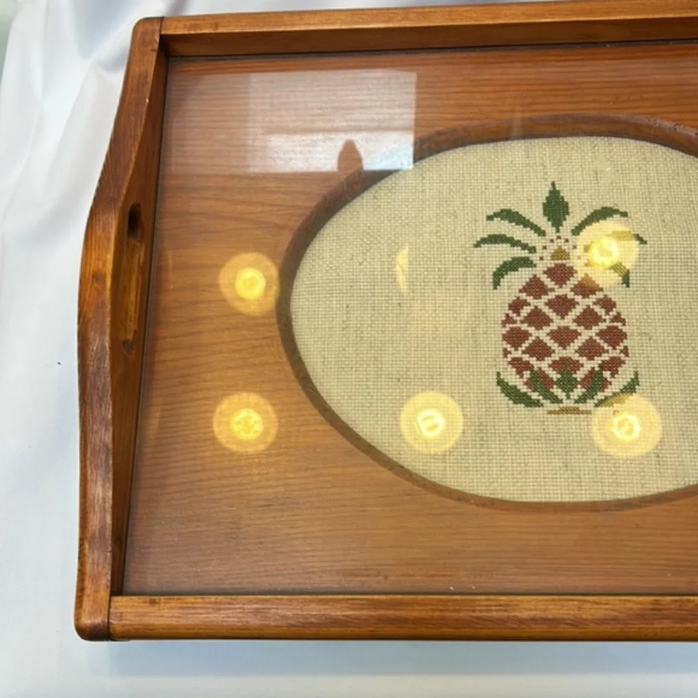 Wooden Tray with Glass Top Covering a Hand Cross Stitched Pineapple